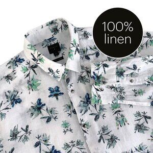 CITY LIFE White Floral 100% Linen Button Up Shirt Lightweight Casual Spring Summ